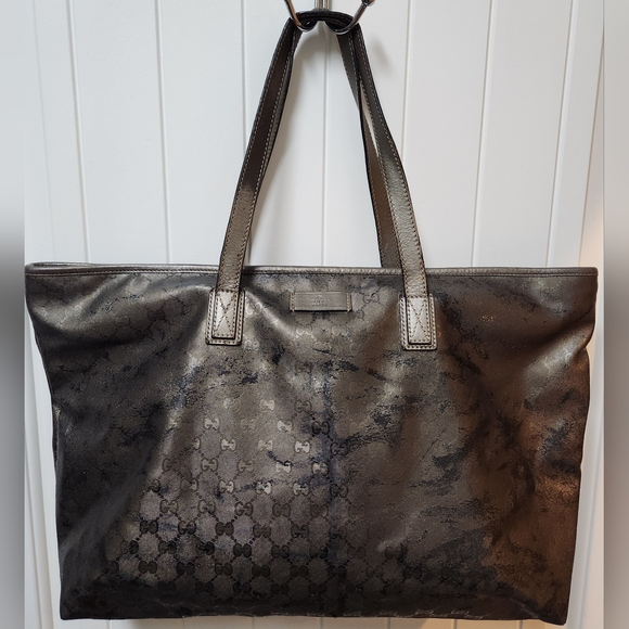 GUCCI Imprime GG Costed Metallic Olive Canvas XL Zip Tote - Picture 3 of 16
